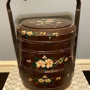 Chinese Wedding Basket with three sections. Floral outside with a red inside.